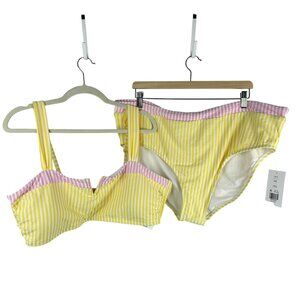 NEW Crown & Ivy Belk Seersucker 2 Piece Swim Bikini Women XXL Yellow Pink Preppy
